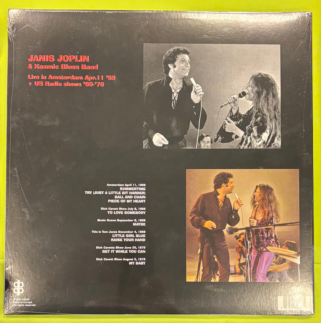 Janis* &amp; Kozmic Blues Band back vinyl record cover with images of Janis Joplin and a text listing songs and performances.