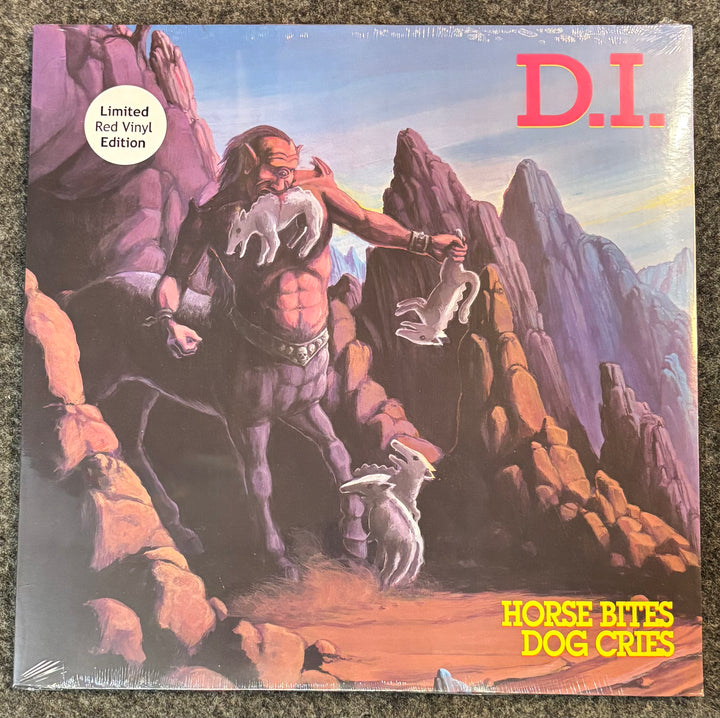 D.I. – HORSE BITES, DOG CRIES Vinyl record cover with a fantasy scene featuring a warrior and animals, labeled 'D.I. Horse Bites Dog Cries'.