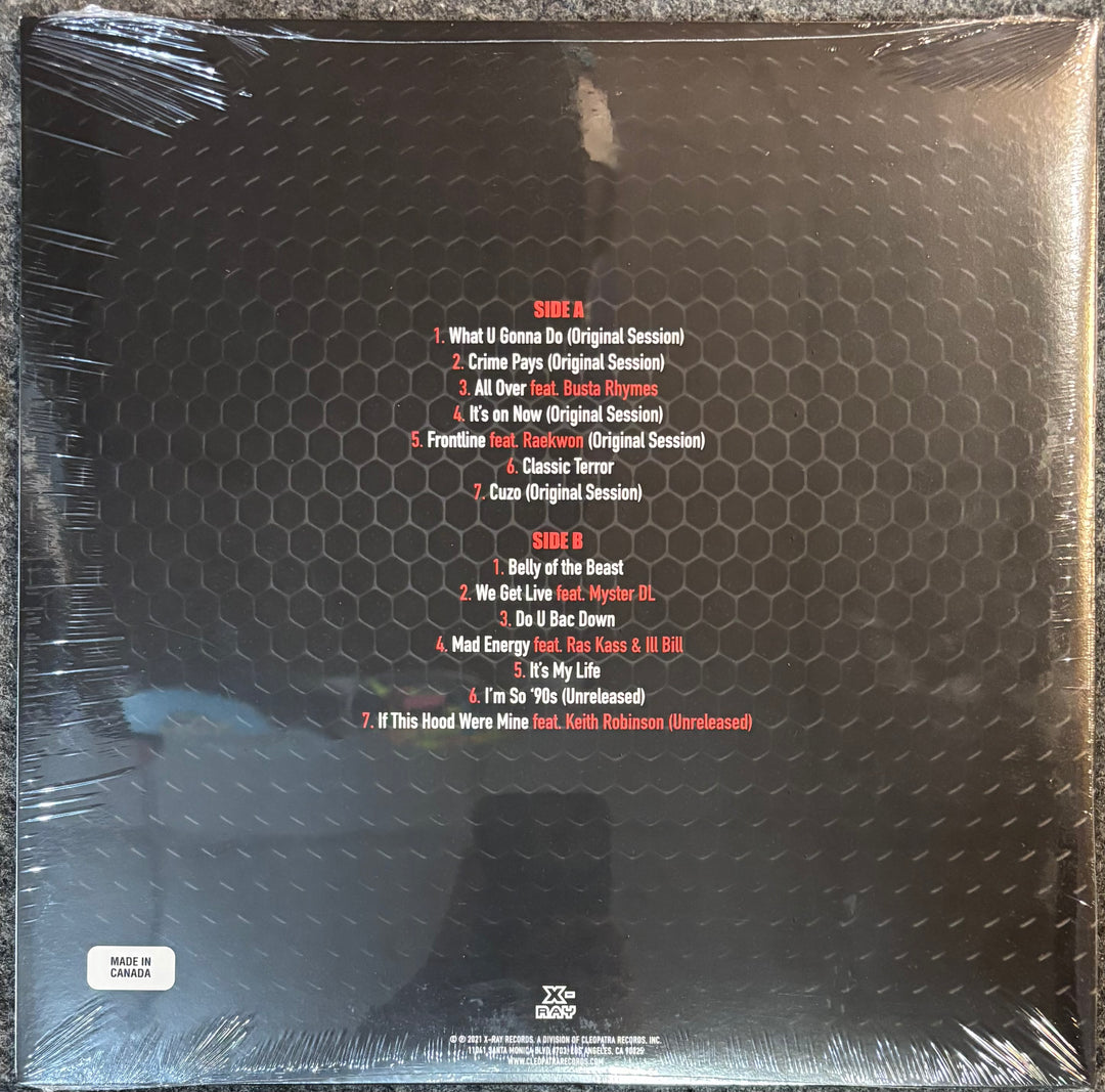The back cover of Onyx - #Turndafucup-Original Sessions in shrink wrap, featuring a black honeycomb pattern background with track listings for A and B sides in white and red text.