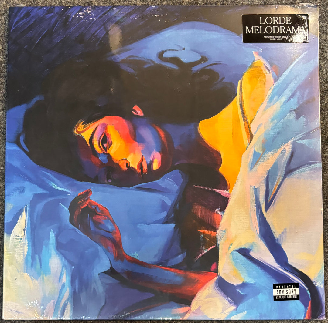 Lorde - Melodrama vinyl record cover, featuring a stylized painting of a woman in bed with blue, yellow, and orange tones. The LORDE and MELODRAMA logo is visible in the top right, along with a Parental Advisory label.