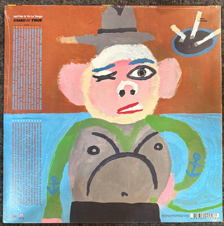 JAD FAIR & YO LA TENGO – STRANGE BUT TRUE record cover with a stylized illustration of a person wearing a hat and green shirt on an orange and blue background.