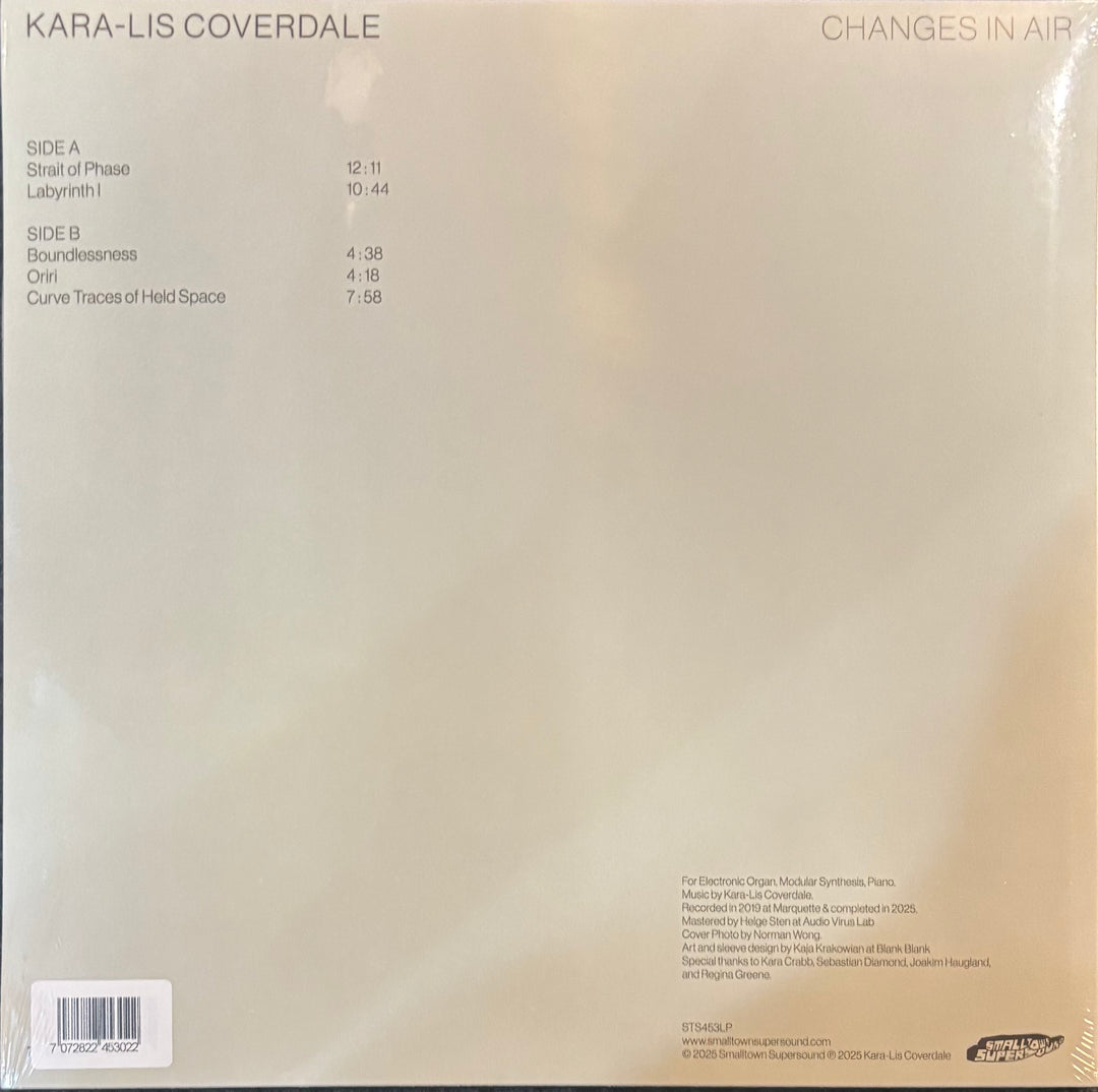 The back cover of a vinyl record sleeve for Kara-Lis Coverdale's album 'Changes in Air', showing track listings, barcode, and publisher details on a warm beige background.