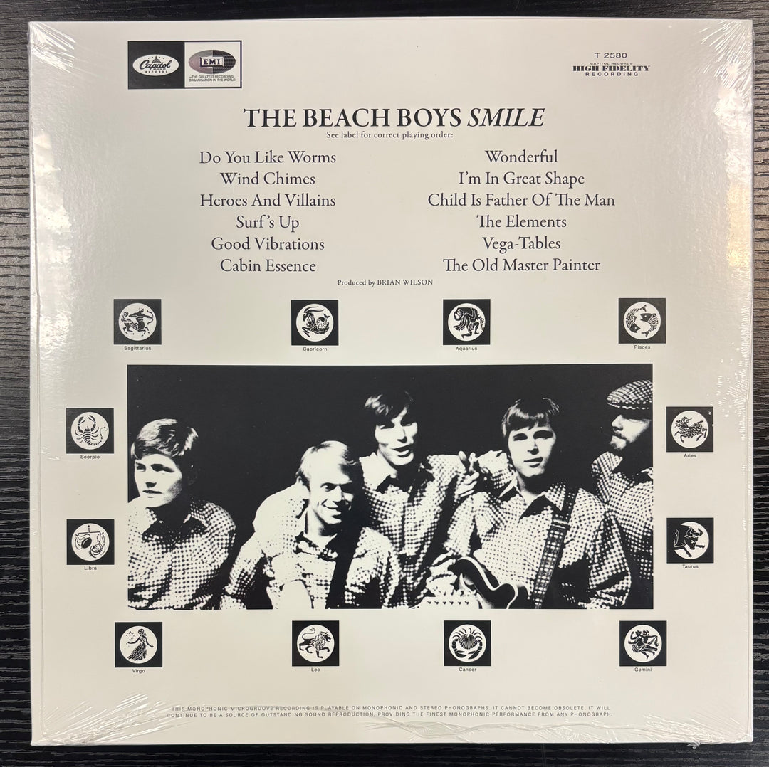 Back album cover of 'The Beach Boys Smile' with a black and white photo of the band members.