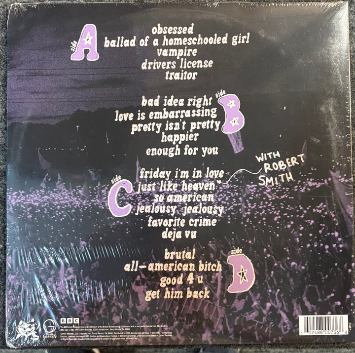 Back cover of OLIVIA RODRIGO – LIVE FROM GLASTONBURY with text and album art