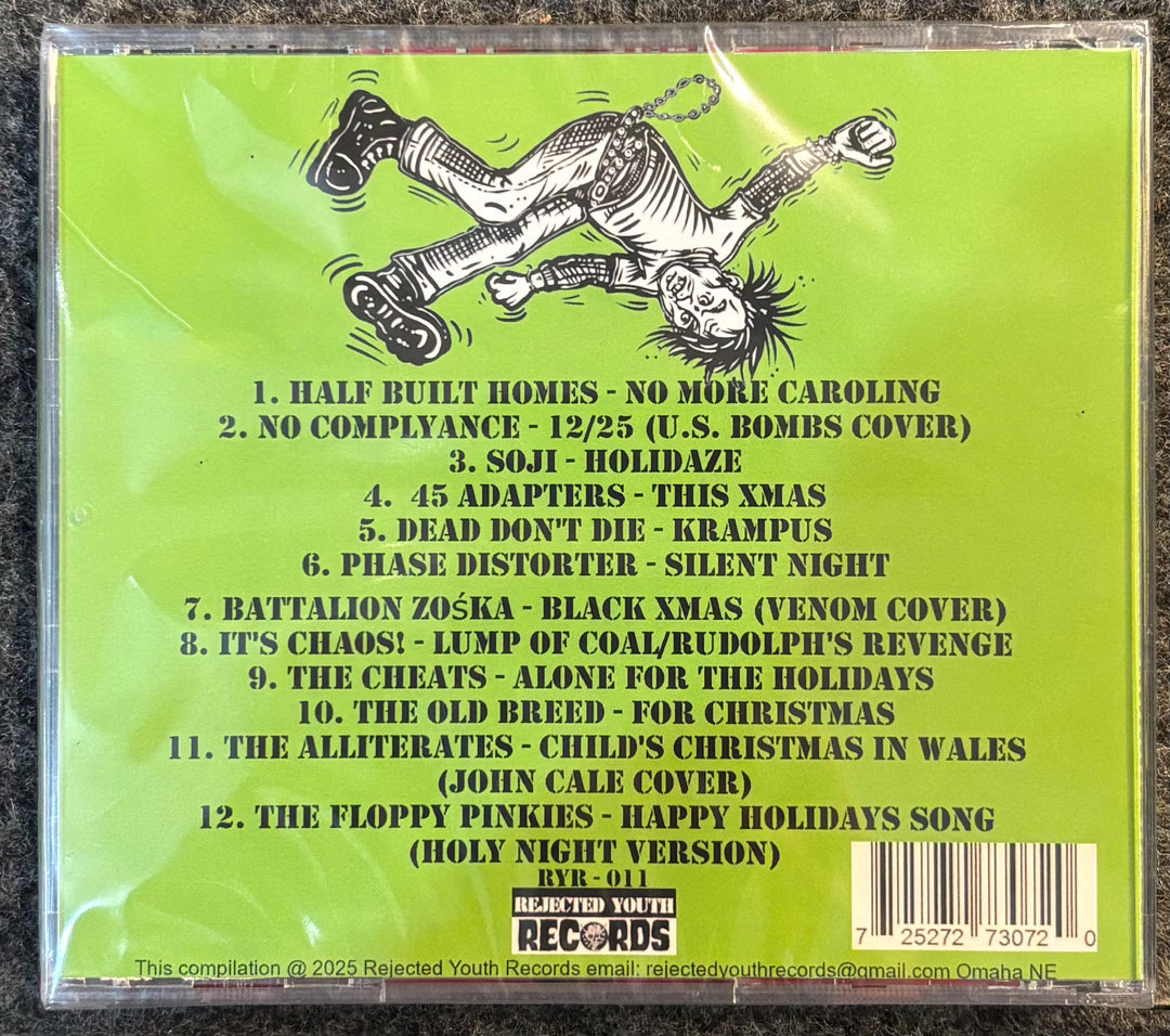 Back cover of Chaos for Christmas CD with tracklist and artwork on a green background