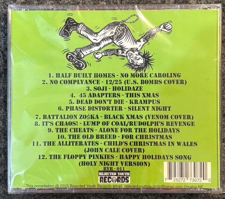 Back cover of Chaos for Christmas CD with tracklist and artwork on a green background