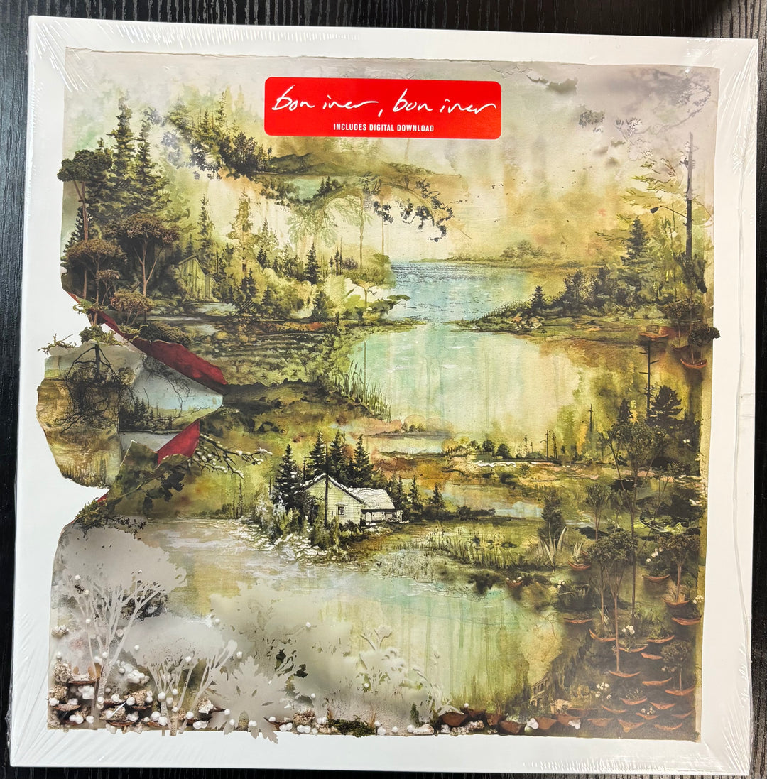 'Bon Iver' album cover with nature scene and 'Bon Iver' text