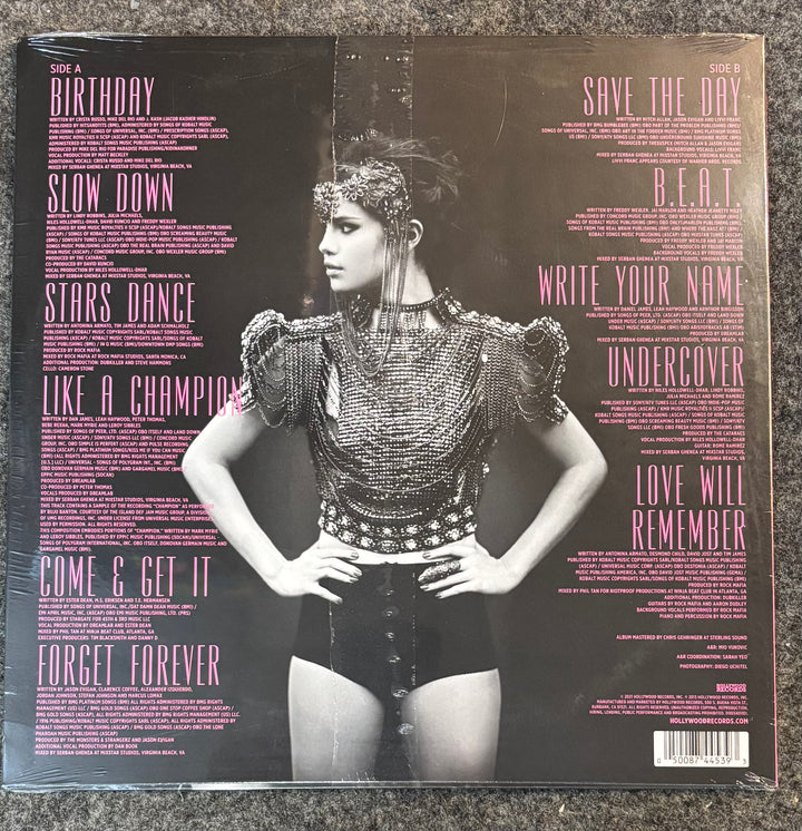 GOMEZ, SELENA - STARS DANCE Vinyl record sleeve with a black and white photo of a woman and pink text on a textured surface.