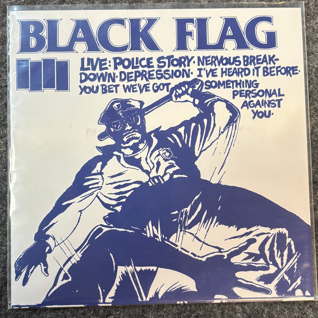 Album cover for Black Flag Police Story Live 7" with graphic design and text