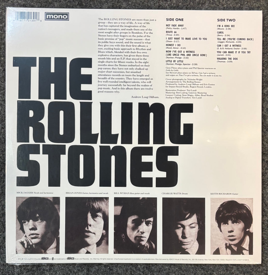 Back cover of The Rolling Stones – England's Newest Hit Makers with band members' portraits and text.