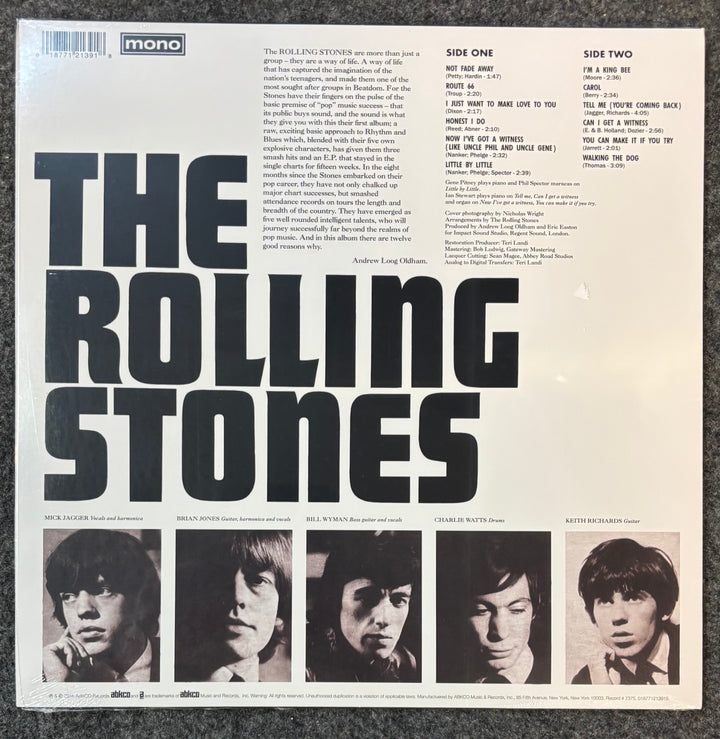 Back cover of The Rolling Stones – England's Newest Hit Makers with band members' portraits and text.