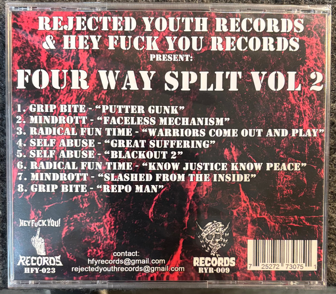 Back cover of Various Artists - 4 Way Split 2 with text and album details on a red and black background