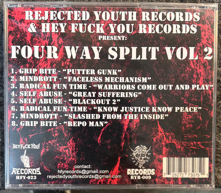 Back cover of Various Artists - 4 Way Split 2 with text and album details on a red and black background