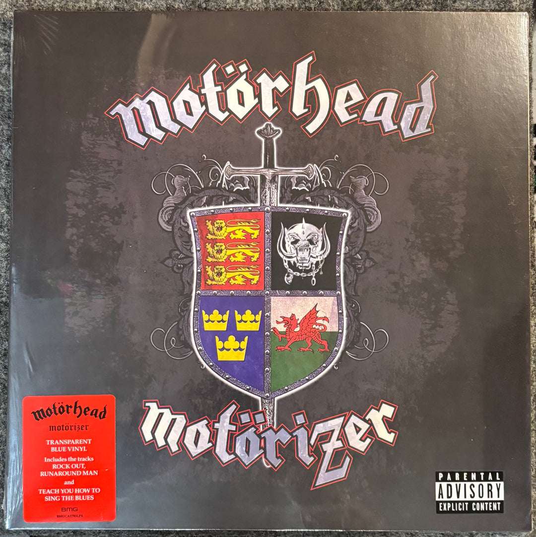 Vinyl record cover for Motorhead's 'Motorizer' with a shield design and explicit content label.