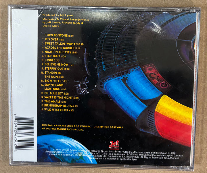 Back cover of ELO CD with colorful design and text on a beige background