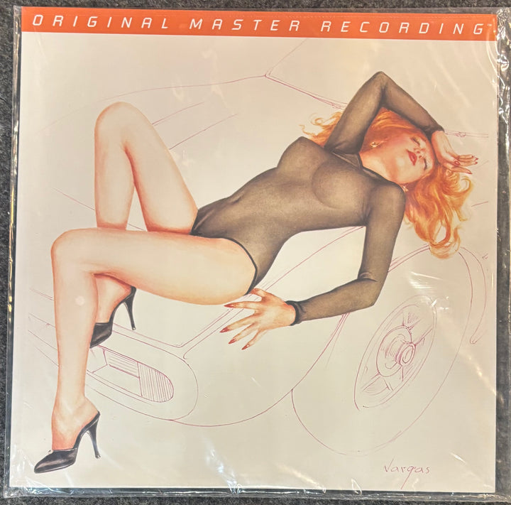 Vinyl record sleeve for Cars, The - Candy-o featuring a stylized illustration of a woman in a black bodysuit reclining on a car, sealed in plastic wrap.