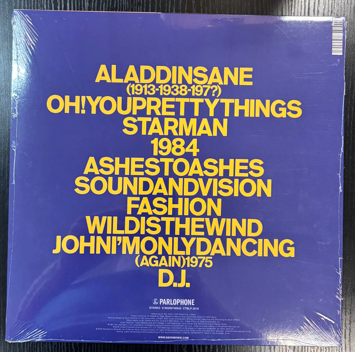 Vinyl record cover with yellow text on a blue background