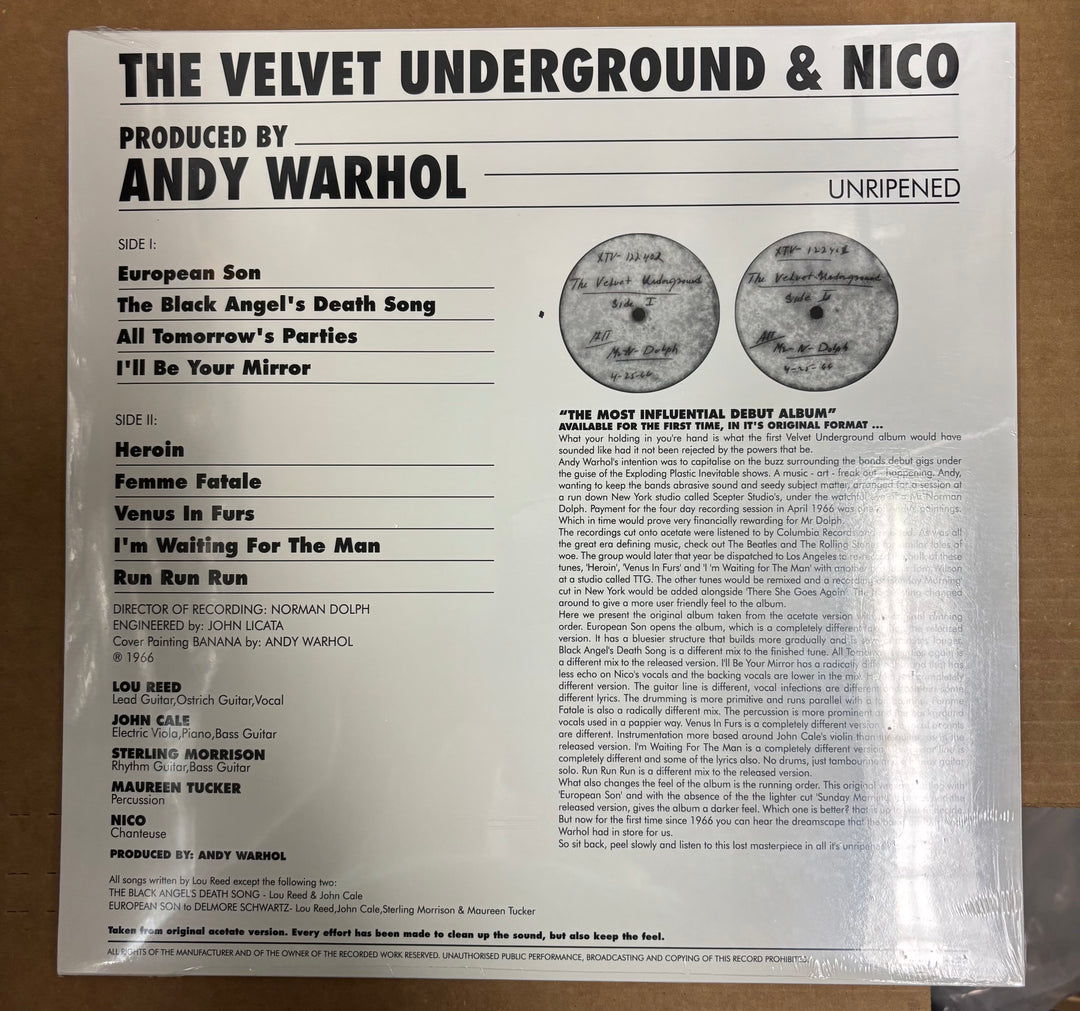 Back cover of 'The Velvet Underground & Nico' album with text and tracklist on a cardboard background