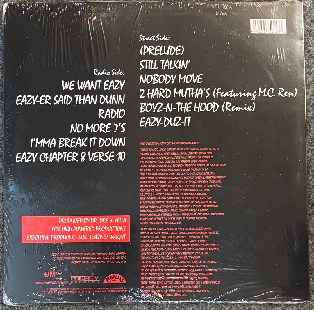 Back cover Eazy-E - Easy Duz It with tracklist and production credits.