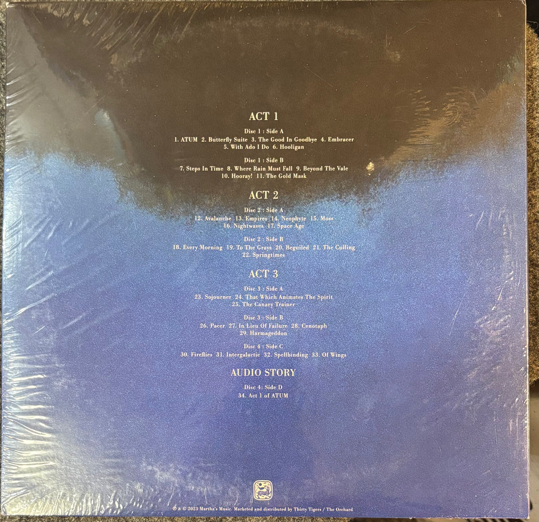 Back cover of SMASHING PUMPKINS, THE - Atum (A Rock Opera) with track listings on a gradient background