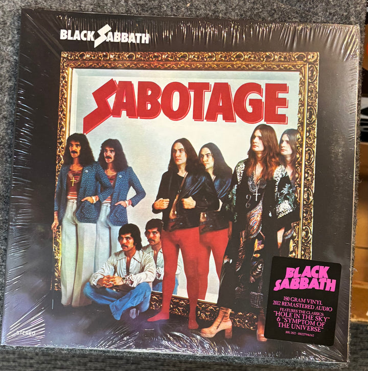 Sealed vinyl record of Black Sabbath's 'Sabotage' album with band members on the cover.