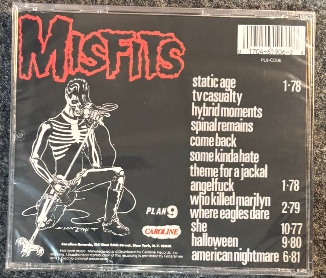 Back cover of MISFITS - LEGACY OF BRUTALITY' album with skeleton illustration and tracklist.