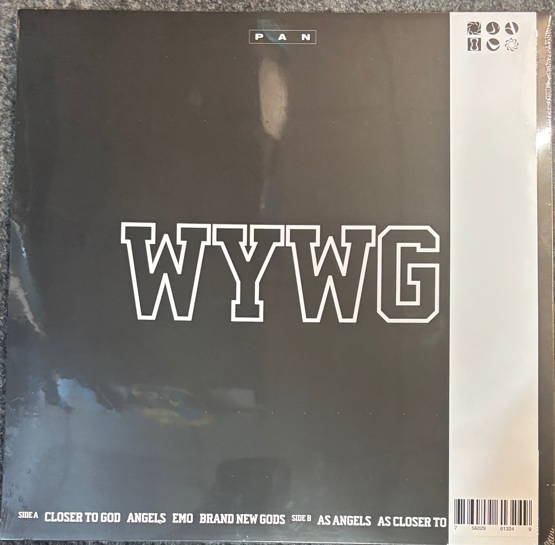A vinyl record sleeve for Anne Imhof - WYWG, featuring a dark gray cover with the band name in large white outlined letters and a white vertical spine strip on the right side.