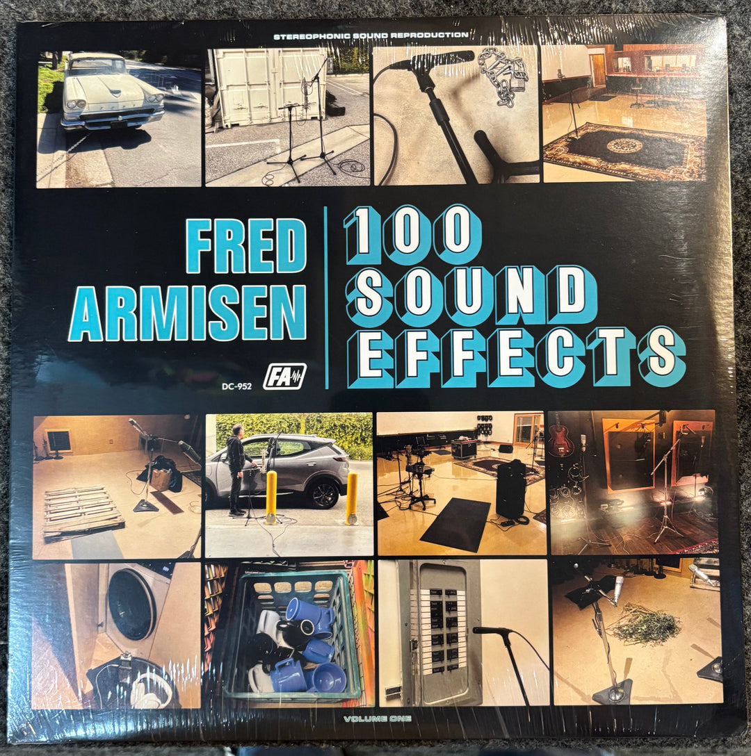 Vinyl record cover for '100 Sound Effects' by Fred Armisen with various sound-related images.