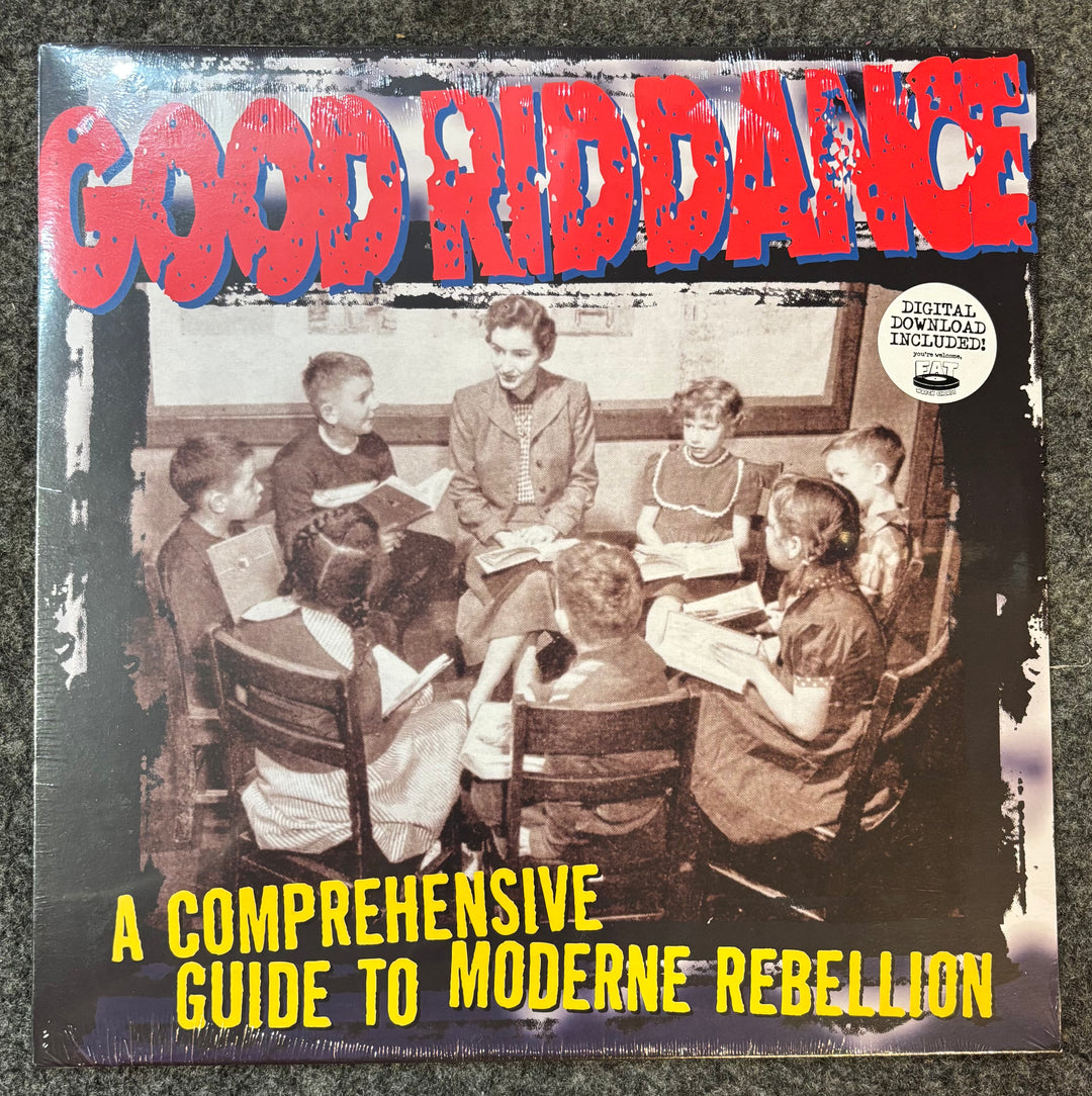 Album cover for GOOD RIDDANCE - A COMPREHENSIVE GUIDE TO MODERNE REBELLION with a vintage-style photo of children in a classroom.