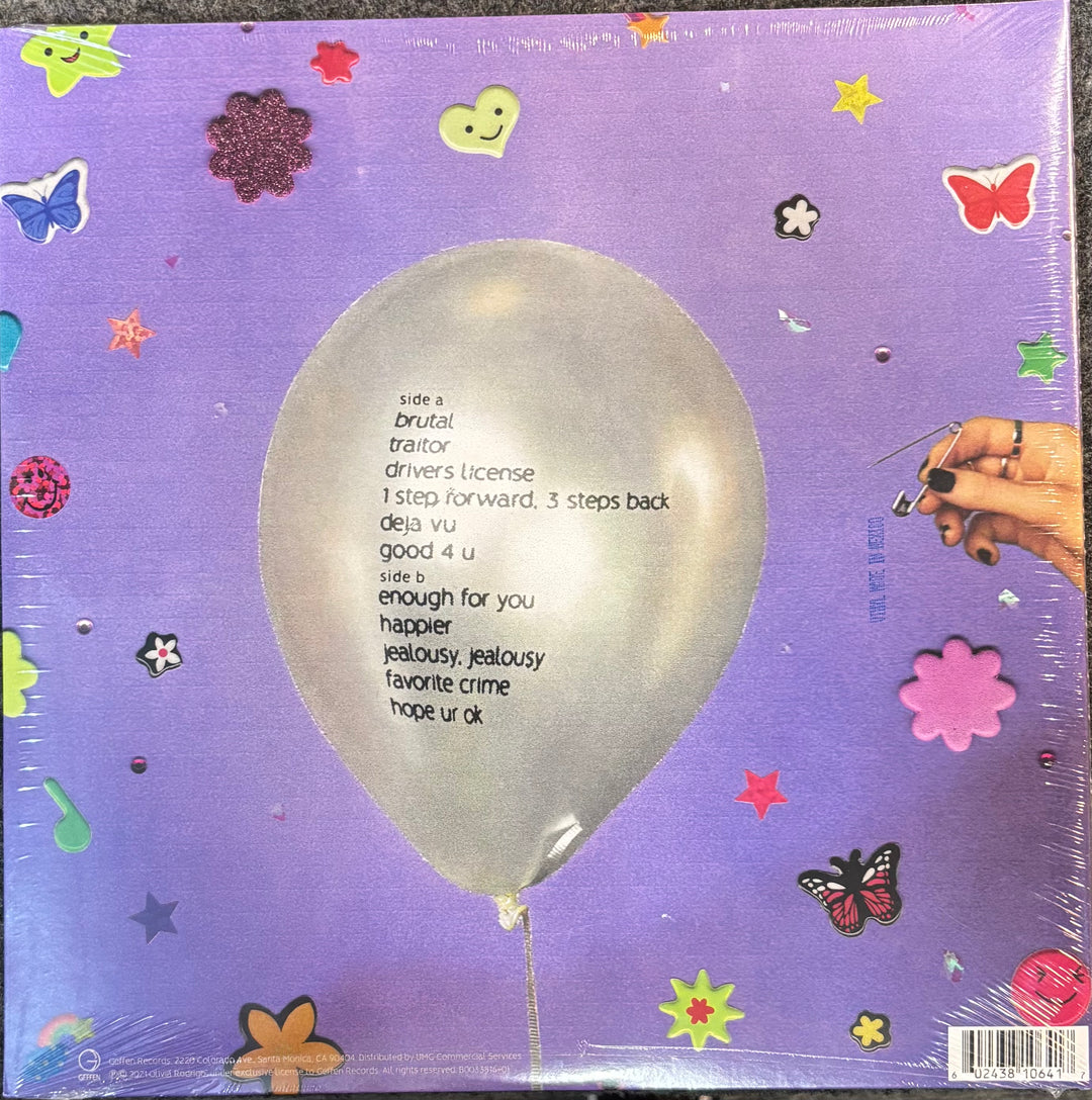 RODRIGO, OLIVIA – SOUR back cover with Silver balloon with text on a purple background with decorative elements