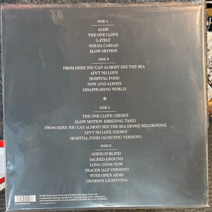 The back cover of David Gray ‎–Life in Slow Motion, sealed in its plastic shrink-wrap. The cover is dark gray with white text listing the tracklist across four sides.