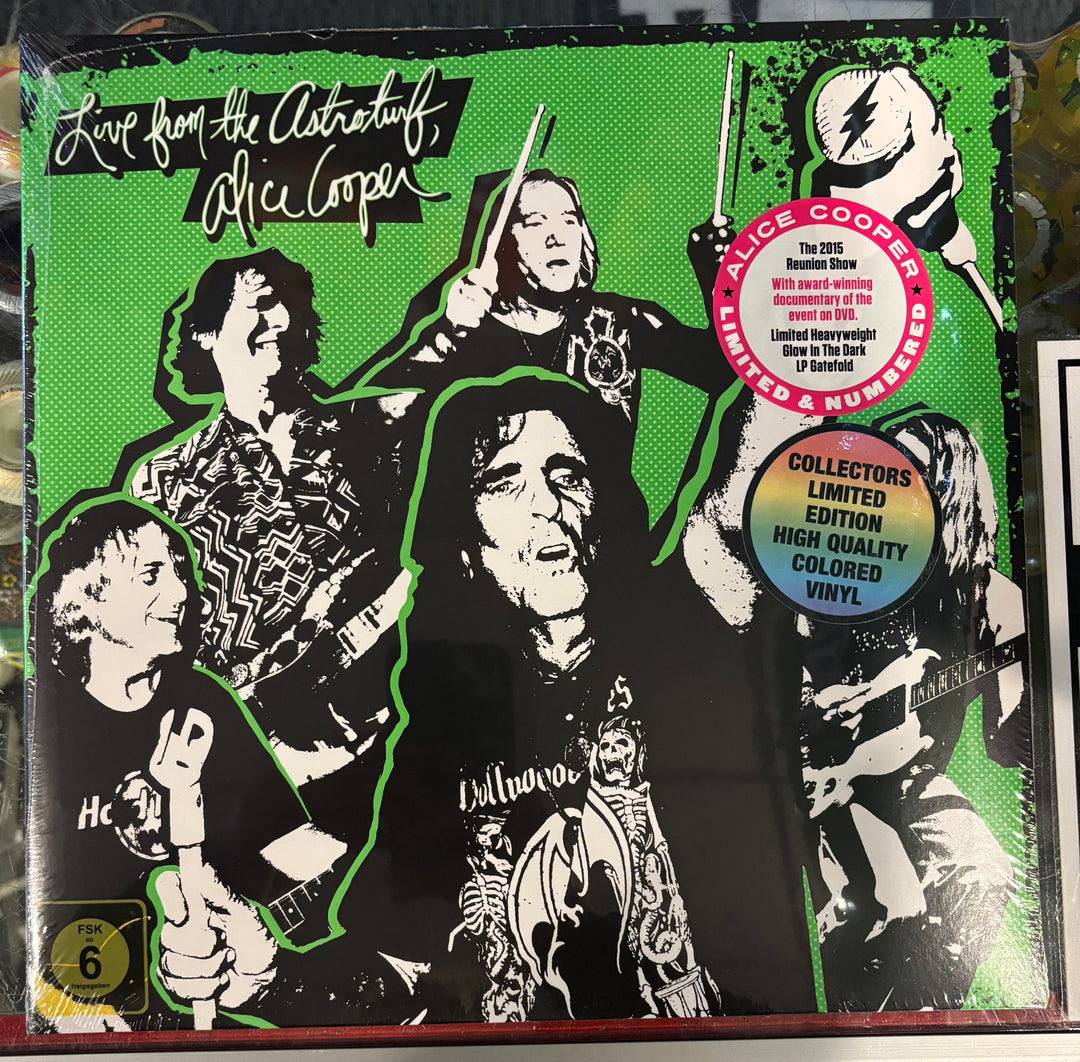 ALICE COOPER - Live From The Astroturf record packaging with black and white images of a band on a green background