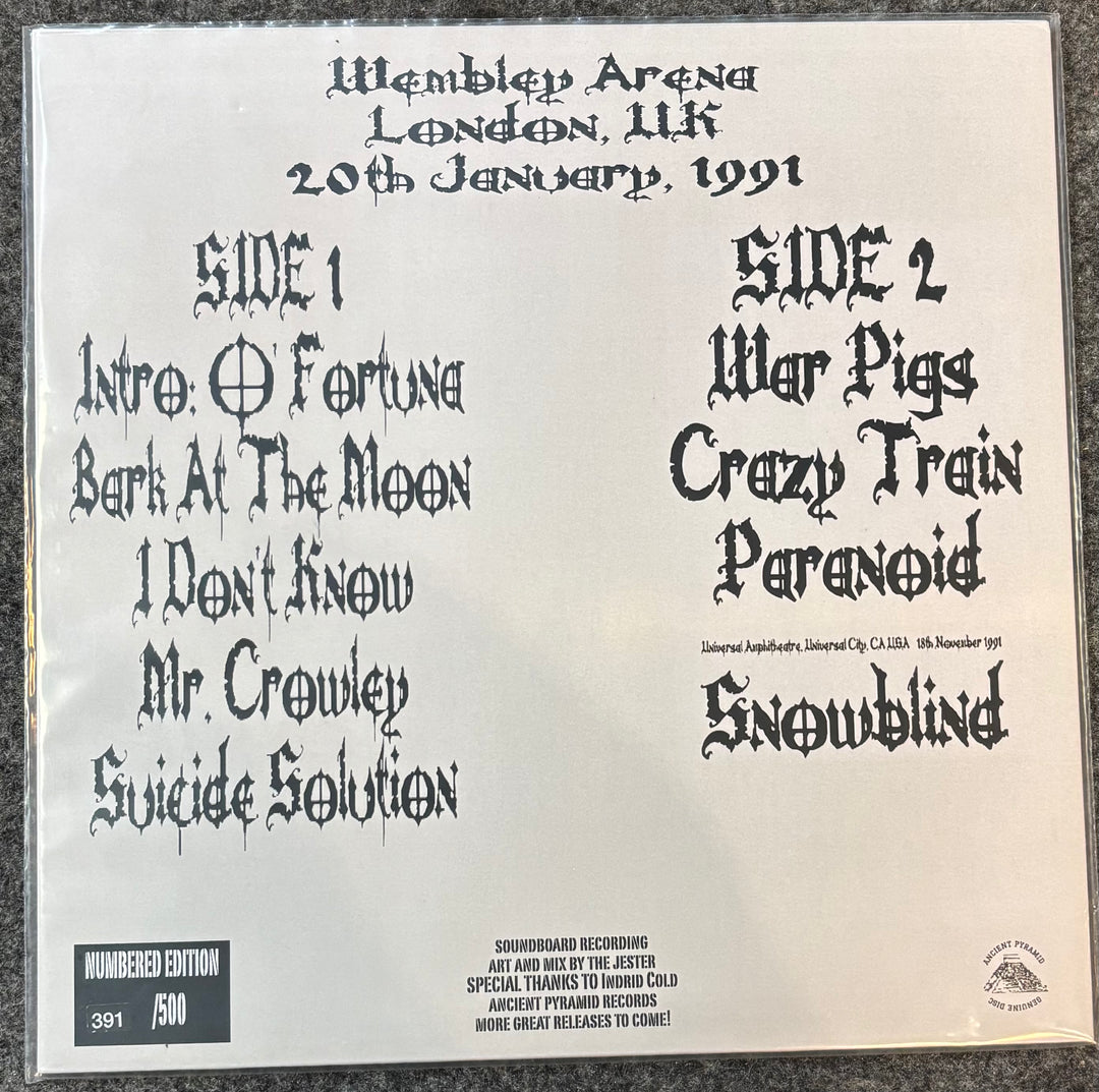 Ozzy Osbourne vinyl record cover with text detailing tracklist and event information