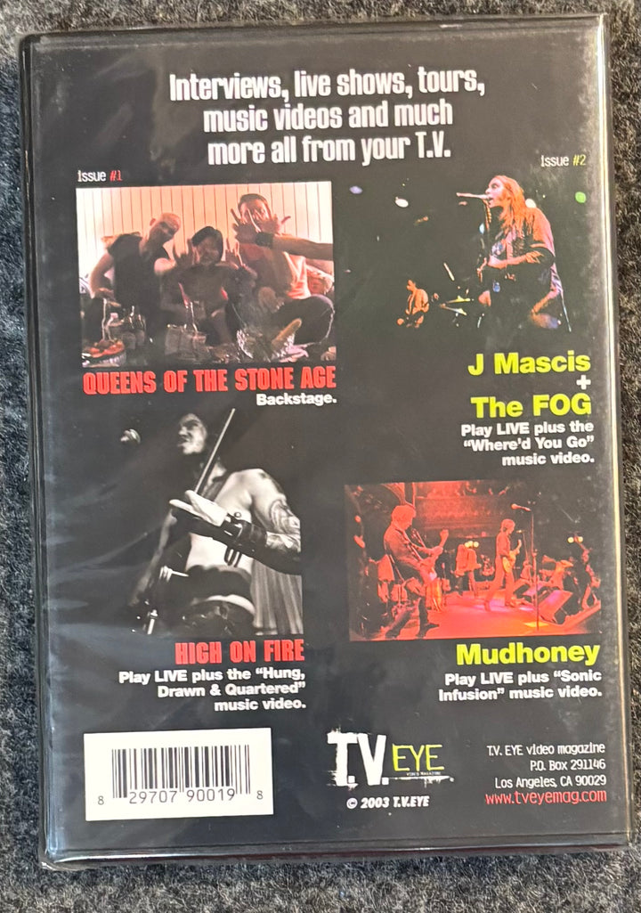Back cover of T.V.EYE DVD #1 AND #2 (NTSC) DVD with promotional images and text about music videos and live shows from various bands.