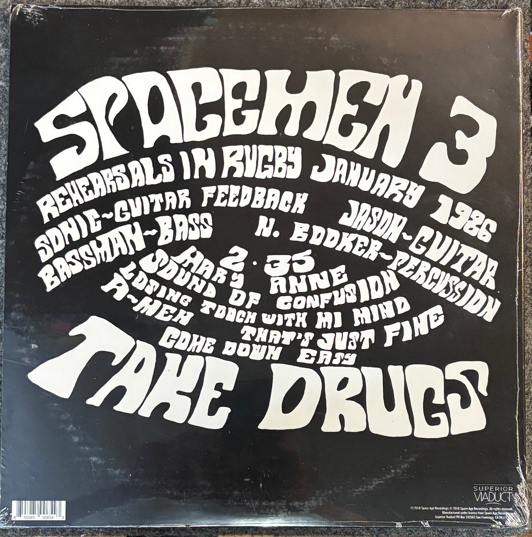 Back cover of a Spacemen 3 – Taking Drugs To Make Music To Take Drugs To album with text and band name.