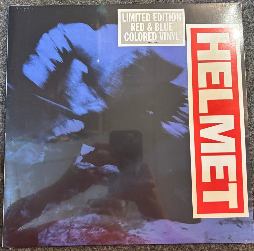 HELMET - MEANTIME (BLUE/RED VINYL record cover with 'Helmet' text and limited edition label