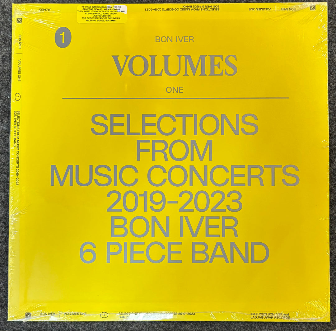 Bon Iver - Volumes: One album cover with text about Bon Iver's 'Volumes One' selections from music concerts 2019-2023.