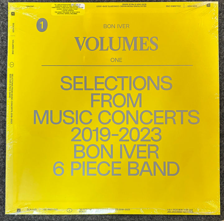 Bon Iver - Volumes: One album cover with text about Bon Iver's 'Volumes One' selections from music concerts 2019-2023.