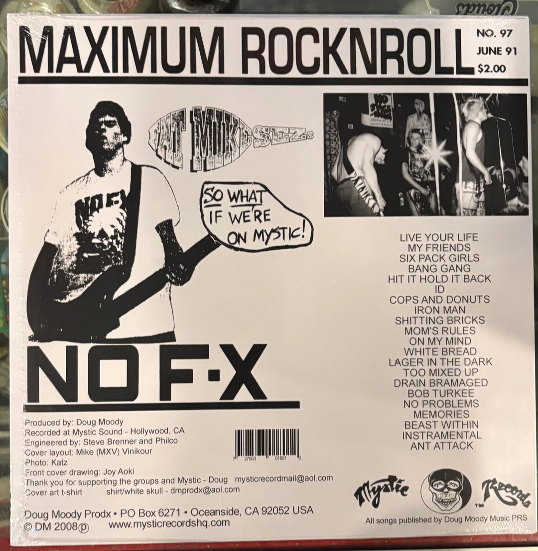 Back cover of NOFX – Maximim Rock N Rollmusic album featuring NO F-X with text and images.