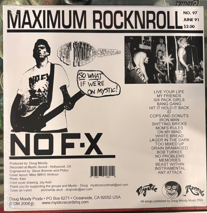 Back cover of NOFX – Maximim Rock N Rollmusic album featuring NO F-X with text and images.