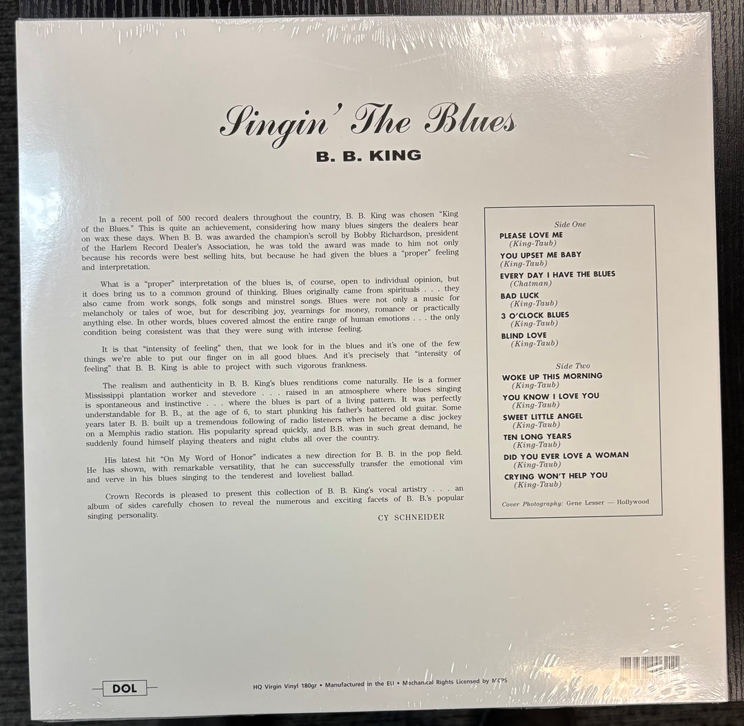 Back cover of B.B. KING - Singin' The Blues featuring text and album details.