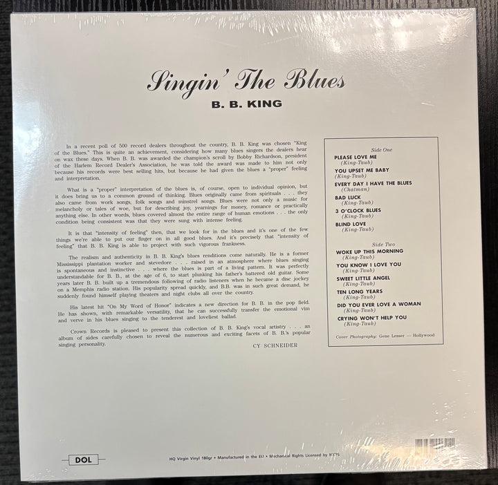 Back cover of B.B. KING - Singin' The Blues featuring text and album details.