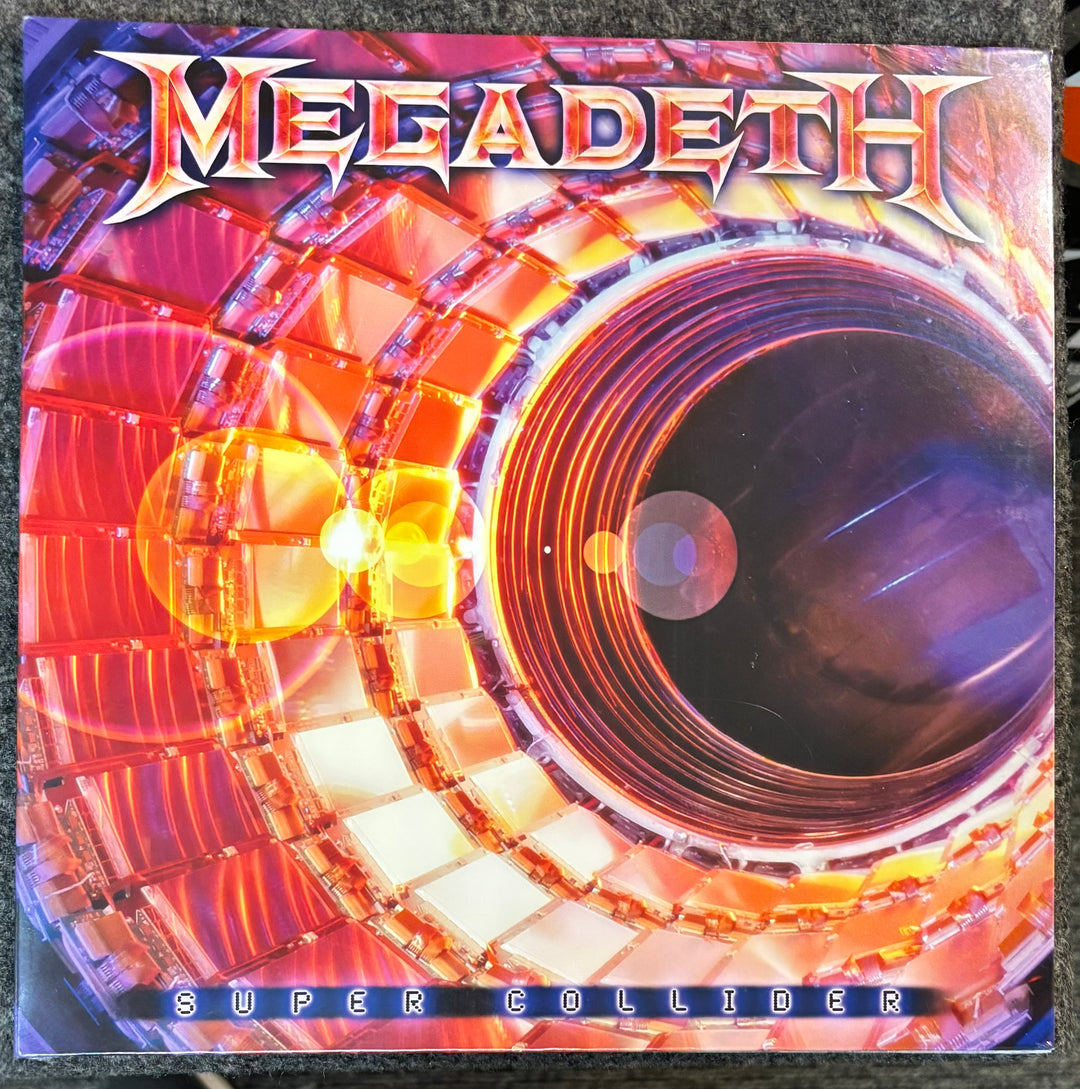 Album cover for Megadeth's 'Super Collider' with vibrant colors and text.