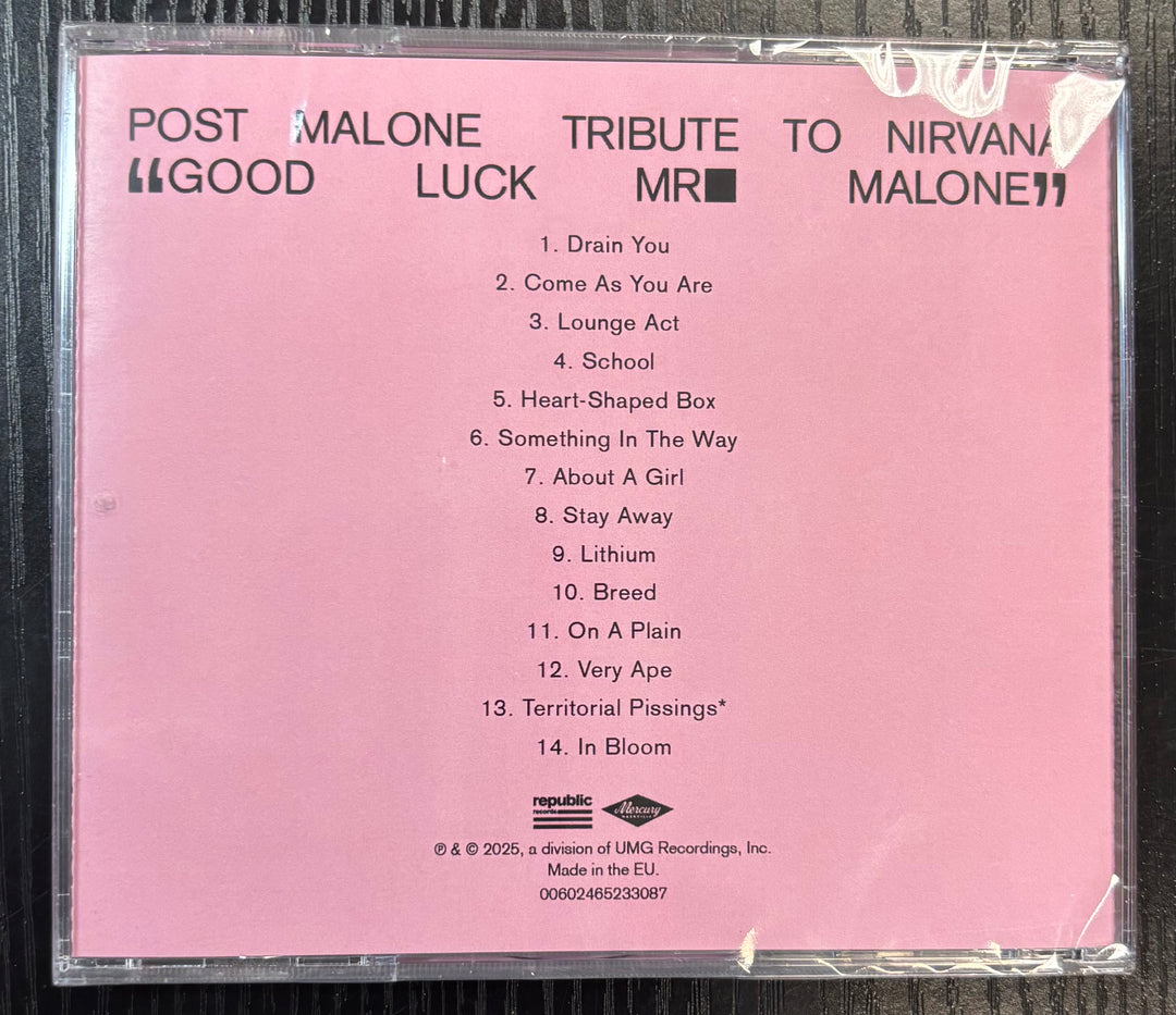 Back cover of POST MALONE - TRIBUTE TO NIRVANA CD with tracklist on a pink background