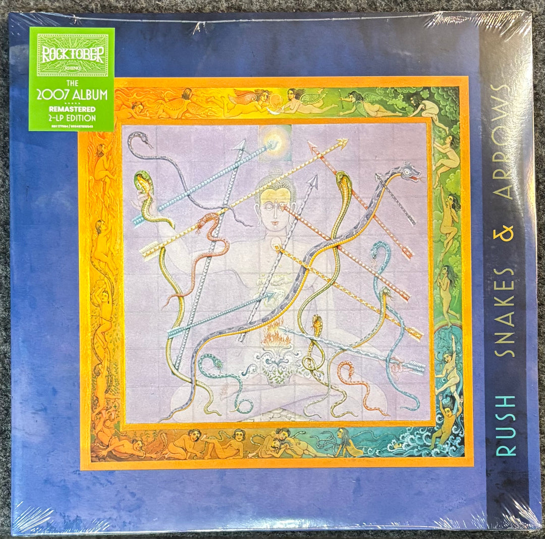 RUSH - SNAKES & ARROWS record cover for 'Snakes & Arrows' by Rush with colorful design and 'Rock & Roll' label.