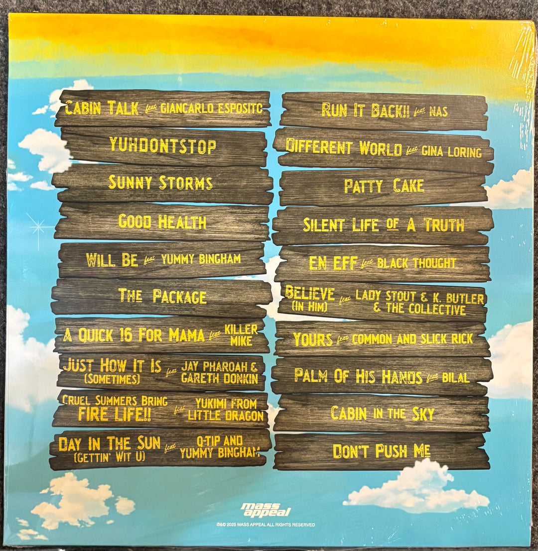 DE LA SOUL - CABIN IN THE SKY cover with wooden planks listing song titles against a blue sky and cloud background