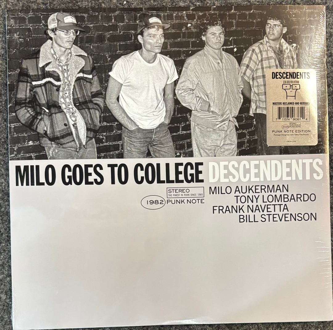 Milo Goes to College vinyl record album by Descendents, featuring a black-and-white band photo on a brick wall above a white cover with the album title and artist names.