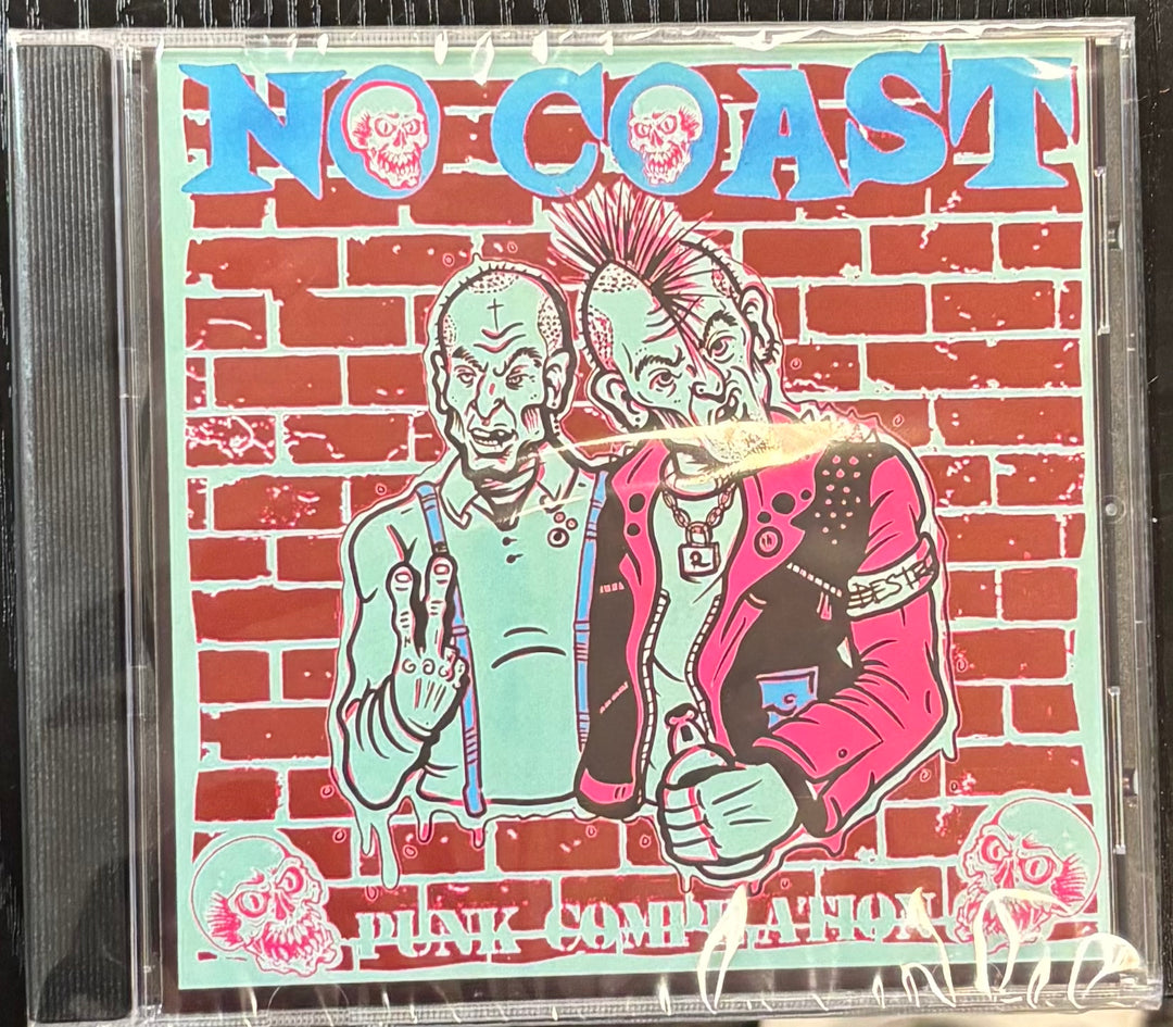 CD cover of 'No Coast Punk Compilation' with two illustrated figures against a brick wall.
