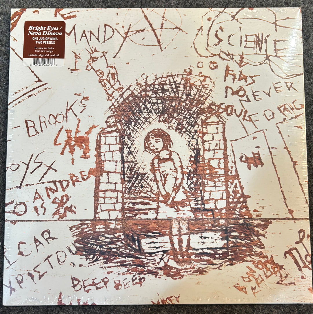 Bright Eyes/Neva Dinova - One Jug of Wine, Two Vessels record cover with a drawing of a girl in a well and text on a textured background