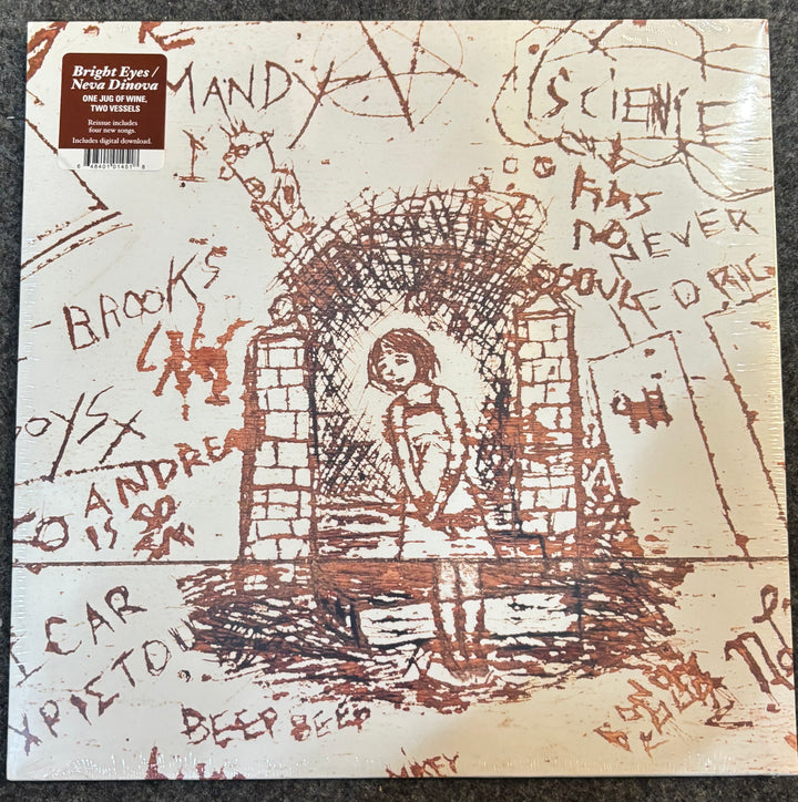 Bright Eyes/Neva Dinova - One Jug of Wine, Two Vessels record cover with a drawing of a girl in a well and text on a textured background